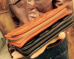 Genuine Leather Mens Cool Long Leather Wallet Zipper Clutch Wristlet Wallet for Men