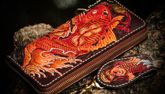 Handmade Leather Tooled Carp Mens Chain Biker Wallets Cool Leather Wallet Long Wallets for Men