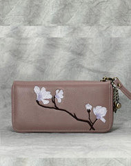 Magnolia Flower Embroidery Pink Leather Magnolia Wristlet Wallet Womens Zip Around Wallets Flowers Magnolia Ladies Zipper Clutch Wallet for Women