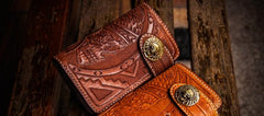 Handmade Leather Skull Indian Chief Tooled Mens billfold Wallet Cool Chain Wallet Biker Wallet for Men