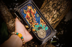 Handmade Leather Tooled Carp Mens Chain Biker Wallet Cool Leather Wallets Long Wallets for Men
