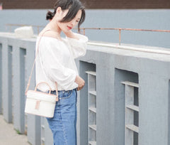 Cute Leather White Womens Mini Box Purse Handbag Barrel Shoulder Bag for Women
