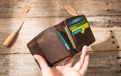 Coffee Cool Leather Mens Small Wallet Bifold Vintage Slim billfold Wallet for Men