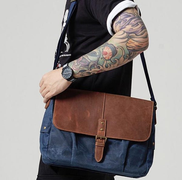 Navy Blue Leather Waxed Canvas Mens Side - Back View