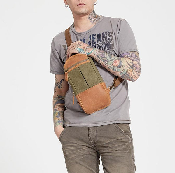 Black Canvas Leather Sling Backpack Men's Sling - Side View