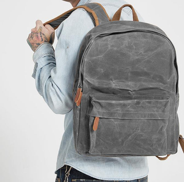 Gray Waxed Canvas Mens Laptop Backpack College - Back View