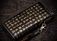 Handmade Leather Mens Chinese Handwriting Biker Chain Wallet Cool Leather Wallets Long Wallets for Men