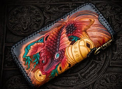 Handmade Leather Tooled Carp Mens Chain Biker Wallet Cool Leather Wallet Long Phone Wallets for Men
