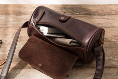 Cool Leather Mens Barrel Shoulder Bag Coffee Messenger Bags for Men