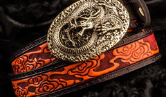 Handmade Leather Tooled Chinese Dragon Mens Belt Custom Cool Leather Men Belts for Men
