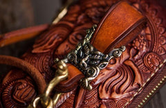 Handmade Leather Tooled Ganesh Mens Chain Biker Wallets Cool Leather Wallet Zipper Long Wallets for Men