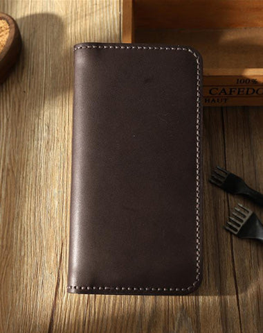 Coffee Leather Mens Bifold Long Wallets Personalized Handmade Coffee Travel Leather Wallet for Men