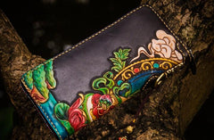 Handmade Leather Tooled Yellow Jambhala Mens Chain Biker Wallets Cool Leather Wallet Zipper Long Wallets for Men