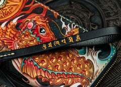 Handmade Leather Tooled Carp Mens Chain Biker Wallet Cool Leather Wallet Long Phone Wallets for Men