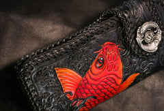 Handmade Leather Long Black Biker Wallet Trucker Wallet Leather Chain Men Red Carp Tooled Wallet - EverHandmade