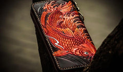 Handmade Leather Tooled Carp Mens Chain Biker Wallets Cool Leather Wallet Long Wallets for Men