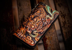 Handmade Leather Mens Tooled Monster Chain Biker Wallets Cool Leather Clutch Wallets Long Wallets for Men