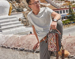 Folk Canvas Leather Mens Sling Bag Chest Bag One Shoulder Pack for men