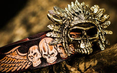Handmade Cool Brown Leather Tooled Skull Mens Belt Leather Men Belt for Men