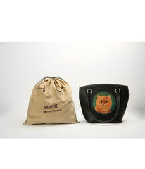 Handmade Womens Brown Leather Totes Handbag Purse Black Cat Tote Bag for Women
