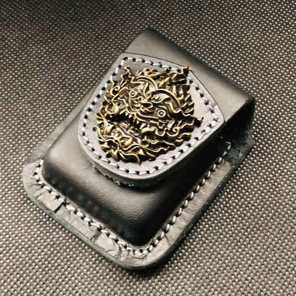 Black Handmade Leather Mens Monster Zippo Lighter - Back View