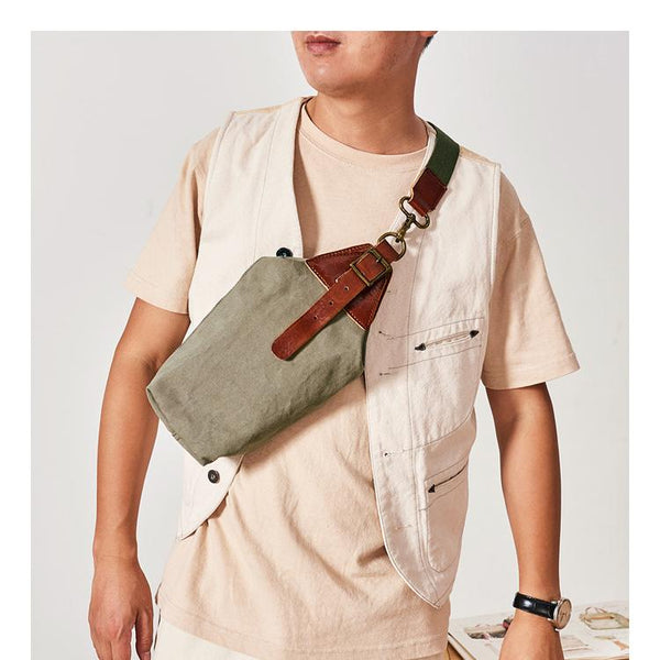 Cool Canvas Leather Mens Sling Pack Chest - Back View