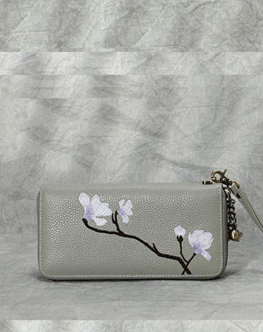 Magnolia Flower Embroidery Gray Leather Magnolia Wristlet Wallet Womens Zip Around Wallets Flowers Magnolia Ladies Zipper Clutch Wallet for Women