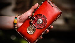 Handmade Leather Mens Tibetan Chain Biker Wallet Cool Leather Wallets Long Clutch Wallets for Men