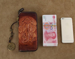 Handmade Leather Ganesha Tooled Biker Chain Mens Long Wallet Cool Leather Wallet Clutch Wallet for Men