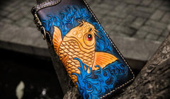 Handmade Leather Men Tooled Carp Cool Biker Leather Wallets Long Chain Wallets for Men