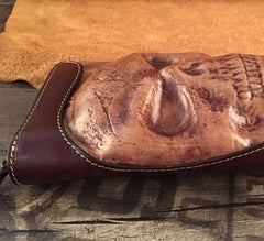 Handmade Genuine Leather Mens Clutch Cool Long Wallet Skull Zipper Clutch Wristlet Wallet for Men