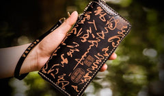 Handmade Leather Mens Chain Chinese Handwriting Biker Wallets Cool Leather Wallet Long Phone Wallets for Men