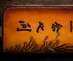 Handmade Mens Long Leather Wallet Cool Buddha&Demon Tooled Wallet Long Zipper Wallets for Men