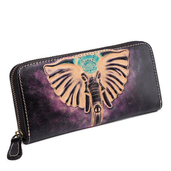 Black Tooled Ganesha Elephant God Leather Wallets Handmade Zipper Long Wallets F KBPJ01651023