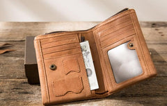 Cool Leather Mens Brown Small Wallet Bifold Vintage Slim billfold Wallet for Men