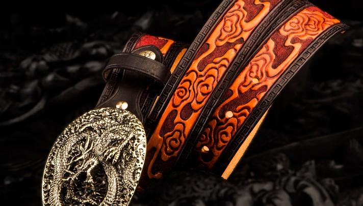 Handmade Leather Tooled Chinese Dragon Mens Belt Custom Cool Leather M