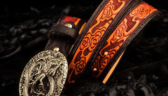 Handmade Leather Tooled Chinese Dragon Mens Belt Custom Cool Leather Men Belts for Men