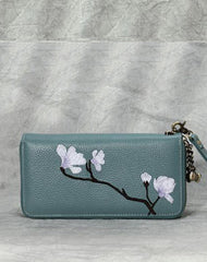Magnolia Flower Embroidery Pink Leather Magnolia Wristlet Wallet Womens Zip Around Wallets Flowers Magnolia Ladies Zipper Clutch Wallet for Women