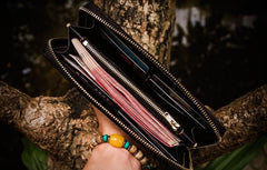 Handmade Leather Acalanatha Mens Tooled Chain Biker Wallet Cool Leather Wallet Long Clutch Wallets for Men