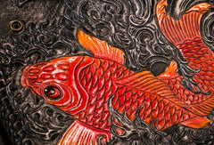 Handmade Leather Long Black Biker Wallet Trucker Wallet Leather Chain Men Red Carp Tooled Wallet - EverHandmade