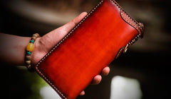 Handmade Leather Mens Tibetan Chain Biker Wallet Cool Leather Wallets Long Clutch Wallets for Men