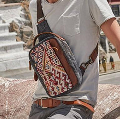 Folk Canvas Leather Mens Sling Bag Chest Bag One Shoulder Pack for men