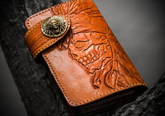 Handmade Leather Tooled Skull Indian Chief Biker Wallets Mens Cool billfold Chain Wallet Trucker Wallet with Chain