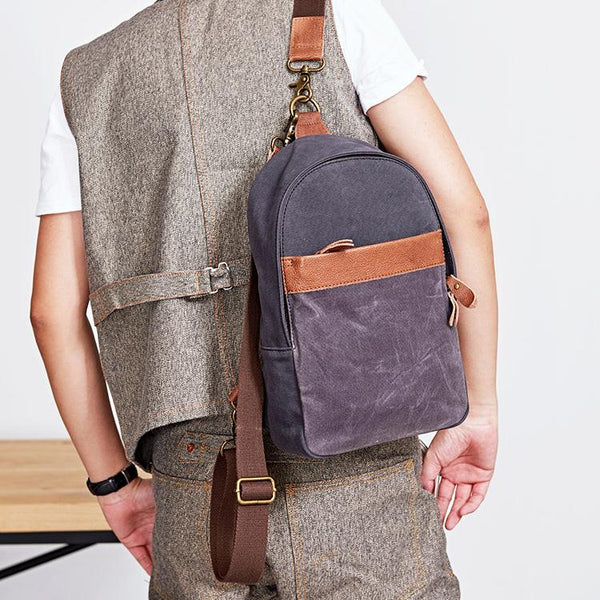 Canvas Mens Navy Sling Bag Sling Backpack - Back View
