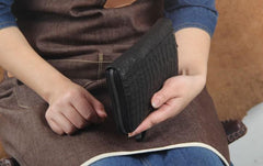 Genuine Leather Mens Cool Long Leather Wallet Zipper Clutch Wristlet Wallet for Men