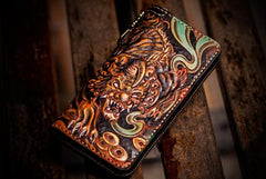 Handmade Leather Mens Tooled Monster Chain Biker Wallets Cool Leather Clutch Wallets Long Wallets for Men