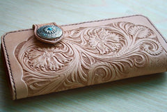 Handmade Mens Tooled Floral Beige Leather Long Biker Wallet Cool Long Chain Wallet for Men