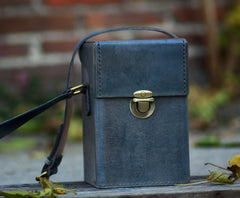 Handmade Gray Leather Mens Small Box Bag Shoulder Bag Messenger Bag for Men