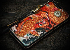 Handmade Leather Tooled Carp Mens Chain Biker Wallet Cool Leather Wallet Long Phone Wallets for Men