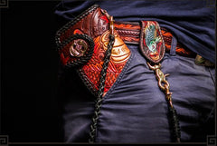 Handmade Leather Tooled Carp Mens Biker Chain Wallet Cool Leather Wallet Long Chain Wallets for Men